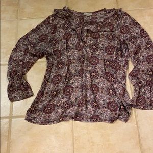 Loft, gray and burgundy blouse with ruffled V-neck